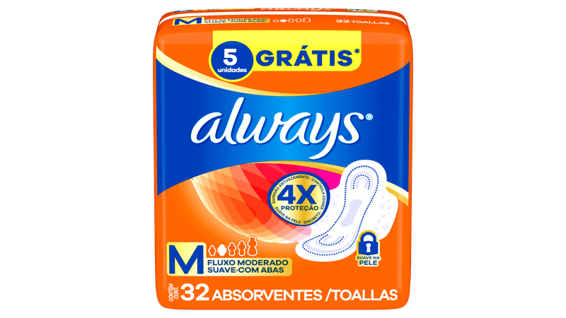 ABSORVENTE ALWAYS BASICO SUAVE COM ABAS C/32 UNIDADES